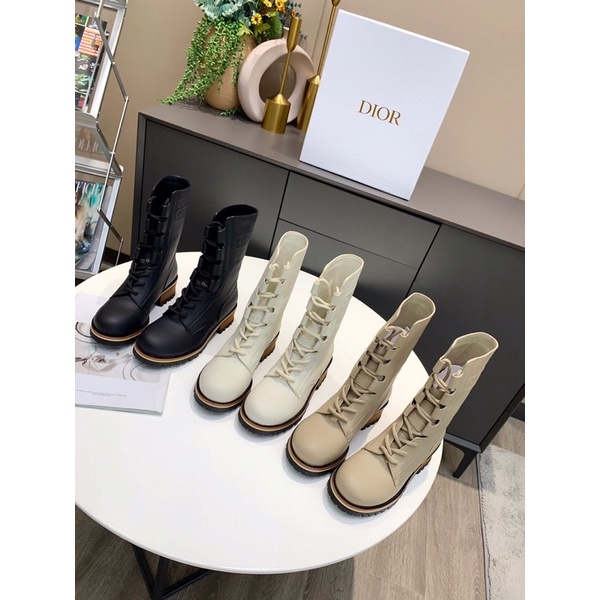 Boots cao cổ da bò cao cấp Dior CD buộc dây phong cách, cá tính