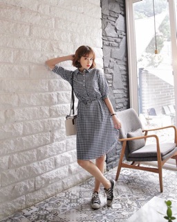 Đầm caro tà tròn thắt eo (kèm hình thật)