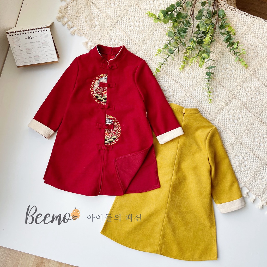 Bộ set áo dài cách tân Beemo xẻ tà họa tiết cách điệu cho bé trai bé gái từ 1 đến 6 tuổi mặc Tết, sự kiện 2 màu - 20B100