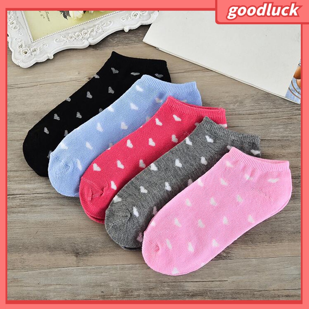 Set 5 Đôi Tất Cotton Ngắn Hoạ Tiết Trái Tim Xinh Xắn Cho Nữ