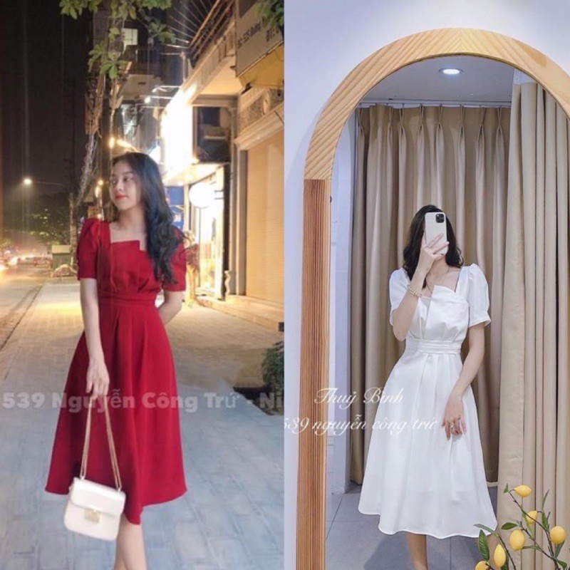 BÁN SỈ VÁY ĐAI LY EO XẾP LY NGỰC 2M TRẮNG ĐỎ CHO NỮ