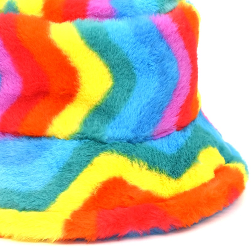 Nón Tai Bèo Giả Lông Thỏ Họa Tiết Sọc Cầu Vồng Phong Cách Hipster