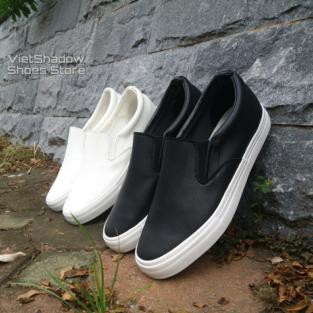 Slip on - Giày lười da nam - Chất liệu da PU màu đen đế trắng và trắng full - Mã SP A568