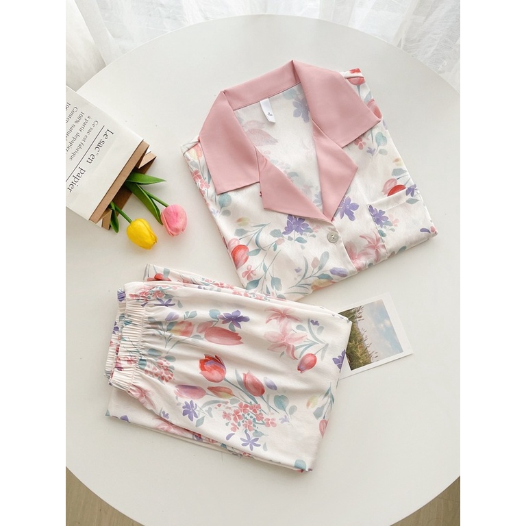 Bộ Đồ Ngủ 3 Món Tay Ngắn Bằng Lụa Họa Tiết Hoa Xinh Xắn Cho Nữ