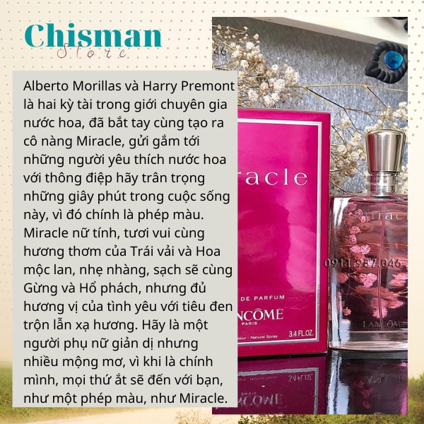 Nước hoa nữ 𝐋𝐚𝐧𝐜𝐨𝐦𝐞 Miracle EDP 100ml - Hương thơm nữ tính quyến rũ lưu hương lâu- Chisman