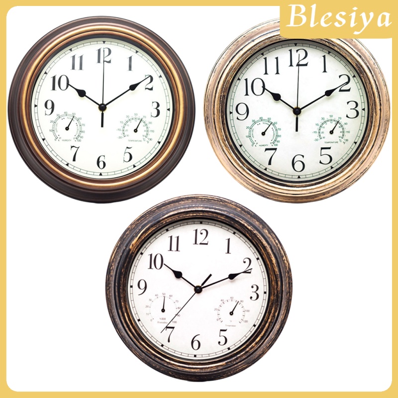 [BLESIYA]Silent 12 Inch Wall Clock with Thermometer and Hygrometer Display, Non Ticking Quartz Sweep Movement Battery Operated Modern Style for Home, Office