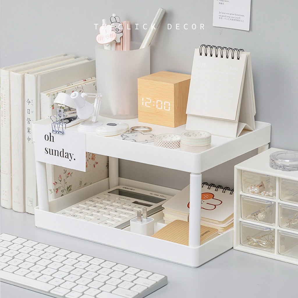 ✺Kệ Nhựa Để Bàn 2 Tầng Đựng Đồ Trang Điểm, Trắng - Trong Suốt, Decor Trí Học, Làm Việc