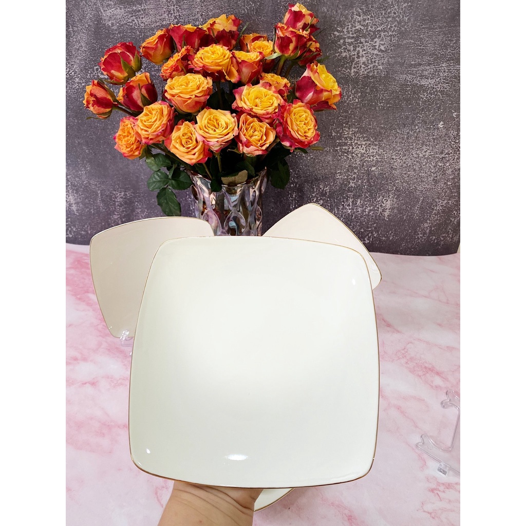 Đĩa Vuông Ảo Viền Vàng 12K Minh Châu Chính Hãng, Dĩa Vuông Viền Vàng Cao Cấp Size 18,4cm