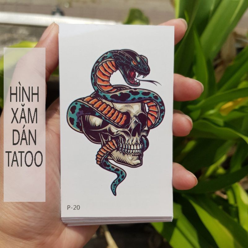 Hình xăm xà + đầu lâu style rùng rợn p20. Xăm dán tatoo mini tạm thời, size &lt;10x6cm