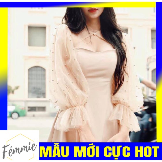 ĐẦM HOTGIRL GIÁ RẺ_Đầm công chúa tay voan phồng cúp ngực màu be đi chơi, Thời trang hotgirl thiết kế cao cấp