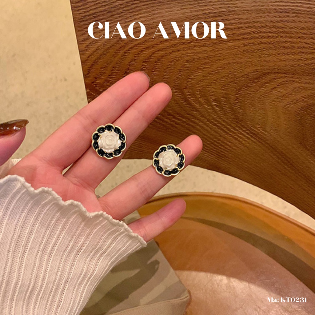 KT0231-Khuyên tai nữ, Hoa tai bạc 925 hoa hồng trắng viền đen Trang sức Ciao Amor