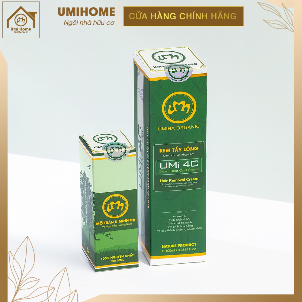 Combo triệt lông Chân Tay vĩnh viễn UMIHA ORGANIC với Mỡ trăn U Minh 30ml Hạ và Kem tẩy lông Umi 4C 100ml an toàn