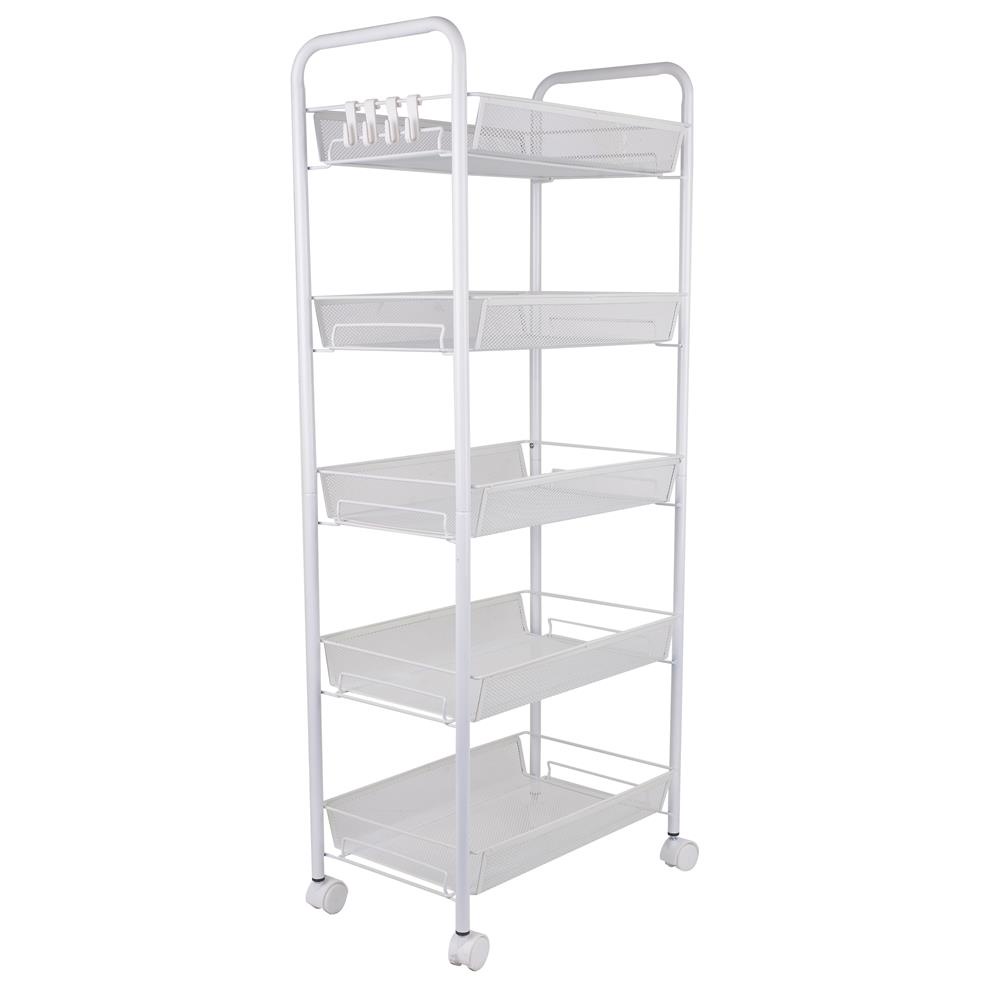 HomeBase STACKO Kệ 5 tầng bằng lưới thép có bánh xe có 4 móc treo IVY W45xH106xD26cm màu trắng