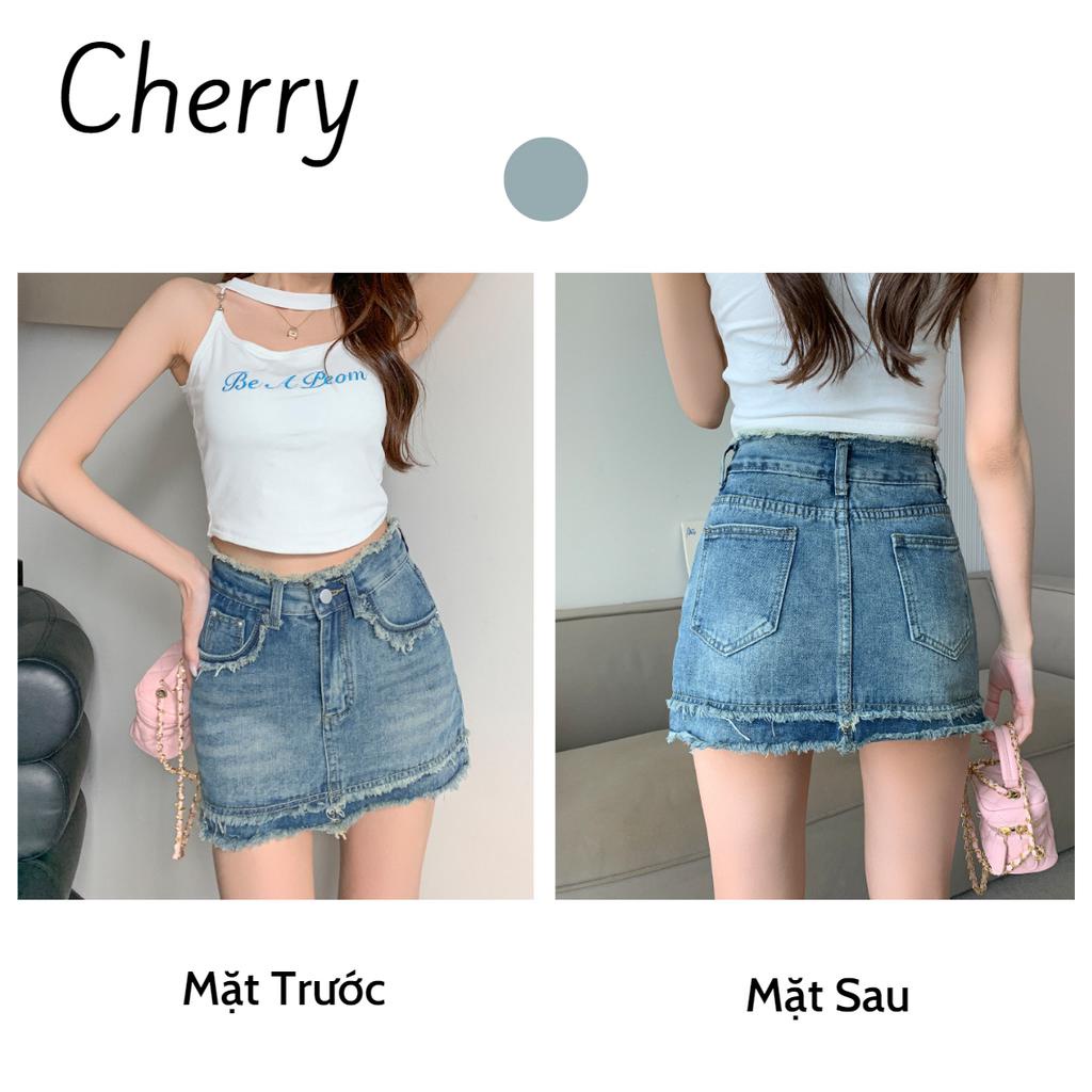 Chân váy jean nữ tua rua CHERRY dáng ngắn phong cách Hàn Quốc, Chân váy bò chữ A tua rua cạp cao có quần trong T084