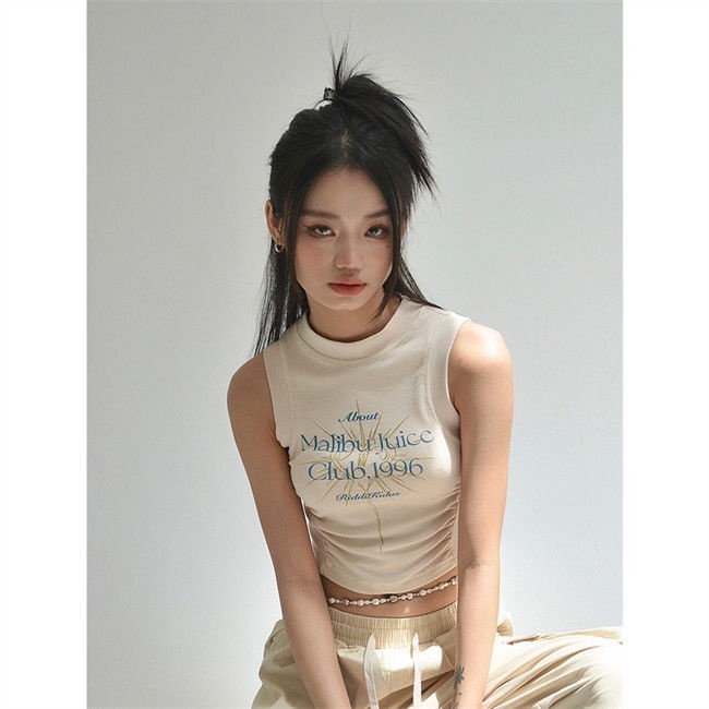 Áo Lửng Không Tay Xếp Ly In Chữ Thời Trang Mùa Hè Dành Cho Nữ