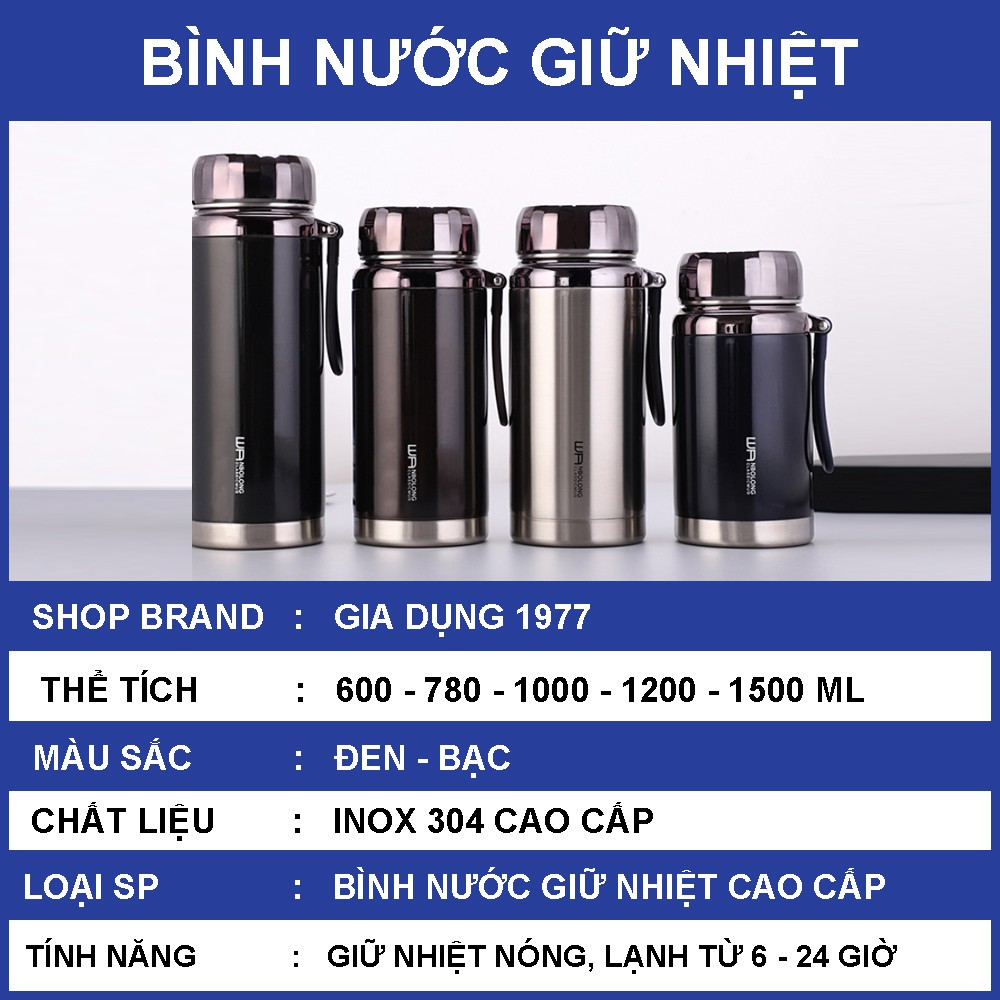 Bình nước giữ nhiệt nóng lạnh chất liệu inox 304 cao cấp, bình giữ nhiệt đựng nước thể tích 1000, 1200, 1500 ml