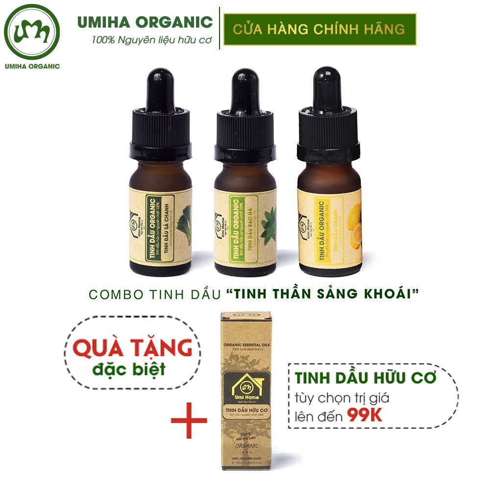 Combo 3 lọ TINH DẦU UMIHA gồm - Chanh, Sả Chanh, Bạc Hà - hữu cơ nguyên chất