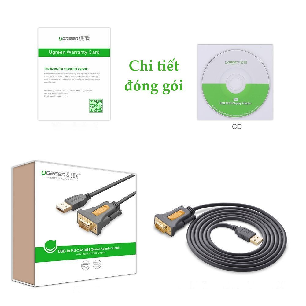 Cáp USB to Com RS232 DB9 chính hãng Ugreen 20210 dài 1m