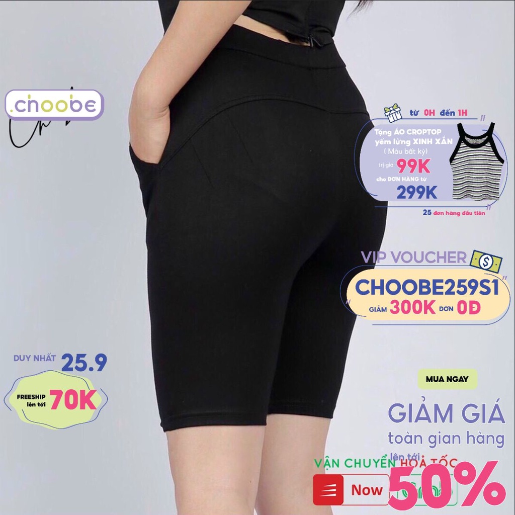 Quần legging lửng Choobe vải thun biker nữ đùi ngố mặc nhà dáng ôm bó lưng tập gym yoga bigsize nhiều màu Q40