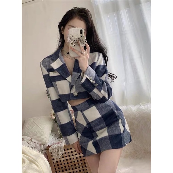 Set áo khoác dạ nỉ kèm chân váy ca rô vuông xanh Navy thanh lịch phong cách ulzzang SAM SAM BOUTIQUE