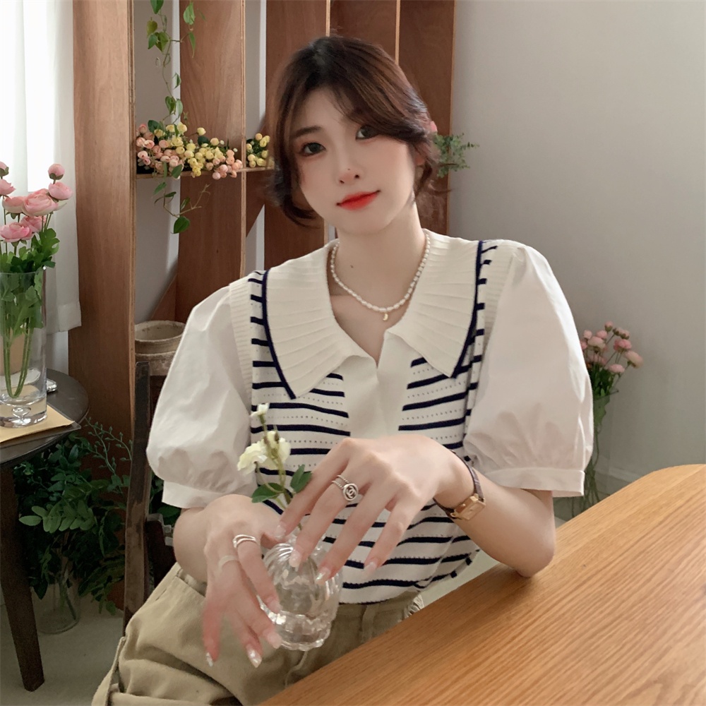 Áo Thun Dệt Kim Tay Ngắn Cổ Polo Họa Tiết Kẻ Sọc Phong Cách Hàn Quốc Thời Trang Mới 52283