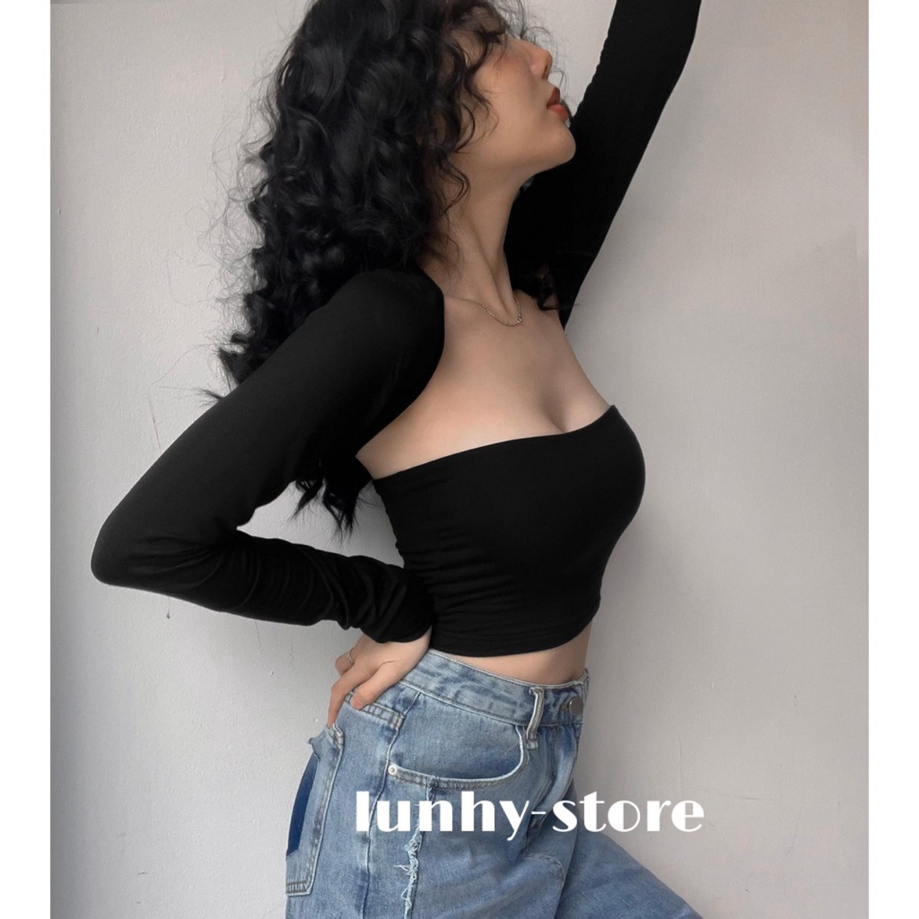 Áo Croptop Ôm Body Tay Dài Cổ Vuông Cotton Mịn Co Dãn Sexy