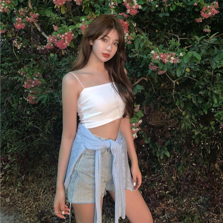 Xiaozhainv Áo hai dây dáng ngắn bó sát hở vai gợi cảm màu trơn