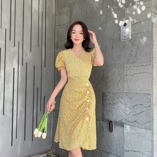 Đầm Hoa Đi Chơi NHẬT VY Cổ V Phối Tay Bo Chun Chất Mango Dáng Xoè Màu Đen, Vàng - D2275