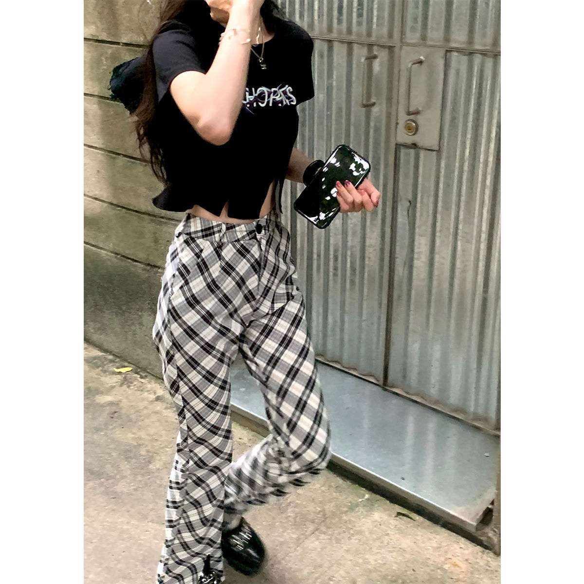 Plaid Split Flared Pants Women'S Summer 2021 New Korean Version Of Loose Casual All-Match Straight Wide Leg Trousers High Waist