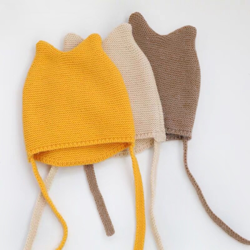 Mũ beanie dệt kim màu trơn có tai dễ thương giữ ấm chống gió mùa thu đông cho bé