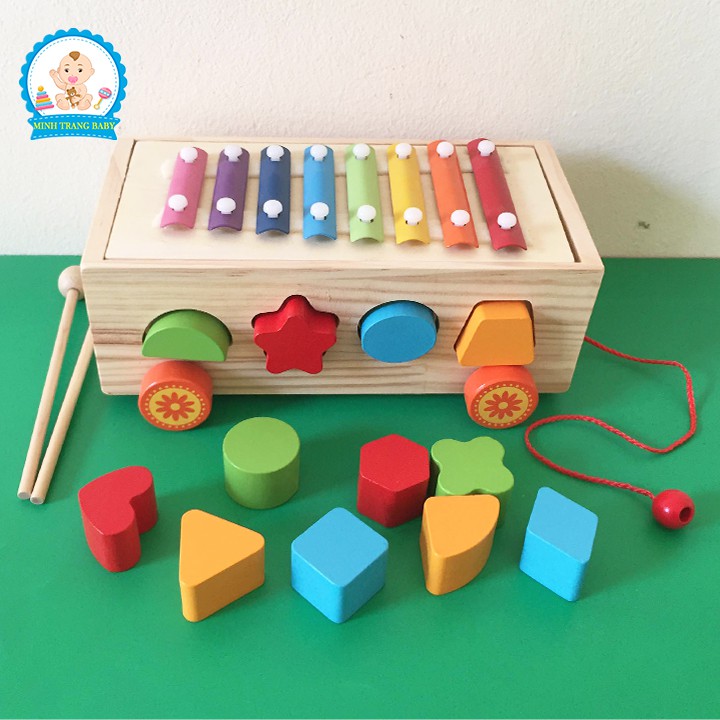 Đồ Chơi Gỗ Xe Kéo Thả Hình Khối Kết Hợp Đàn Xylophone Cho Bé