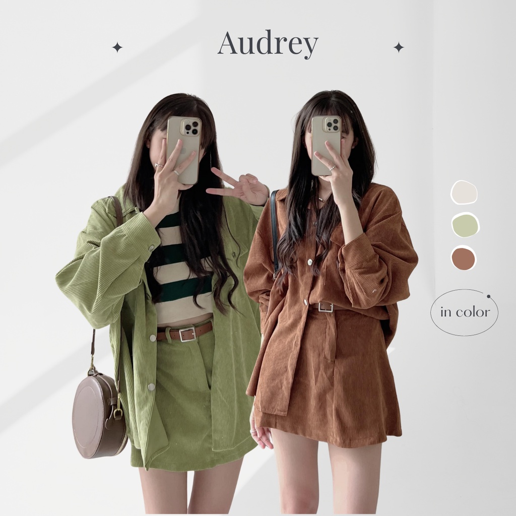 S998 Set đồ nữ AUDREY áo sơ mi nhung tăm dáng rộng túi hộp chân váy nhung lưng chun có quần trong kèm belt