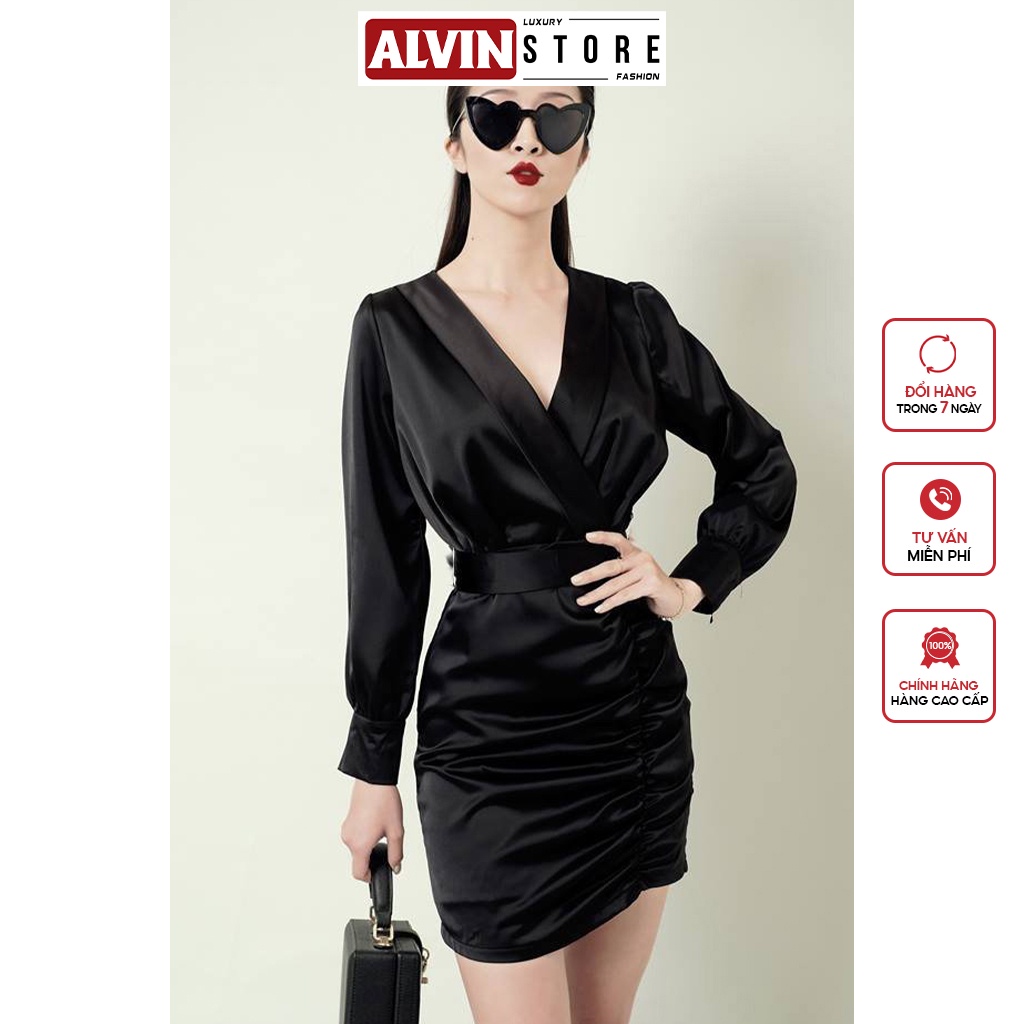 Đầm Ôm Body Lụa Dài Tay Chân Váy Rút Nhún Kết Hợp Dây Cột Eo Phong Cách Alvin Store 2243