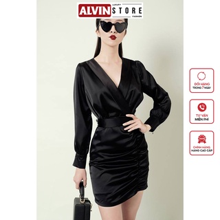 Đầm Ôm Body Lụa Dài Tay Chân Váy Rút Nhún Kết Hợp Dây Cột Eo Phong Cách Alvin Store 2243