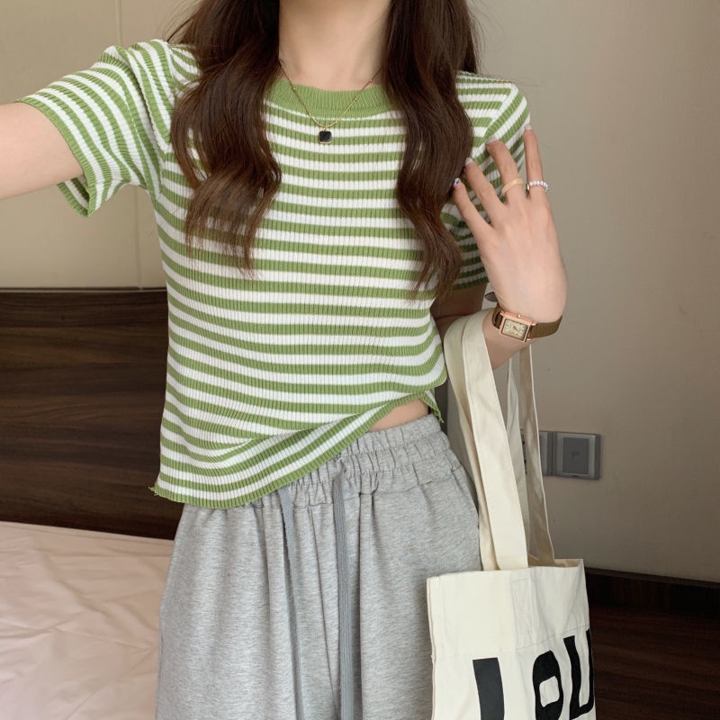 Áo Thun Dệt Kim Tay Ngắn Dáng Ôm In Họa Tiết Kẻ Sọc Thời Trang Mùa Hè 2022 Cho Nữ
