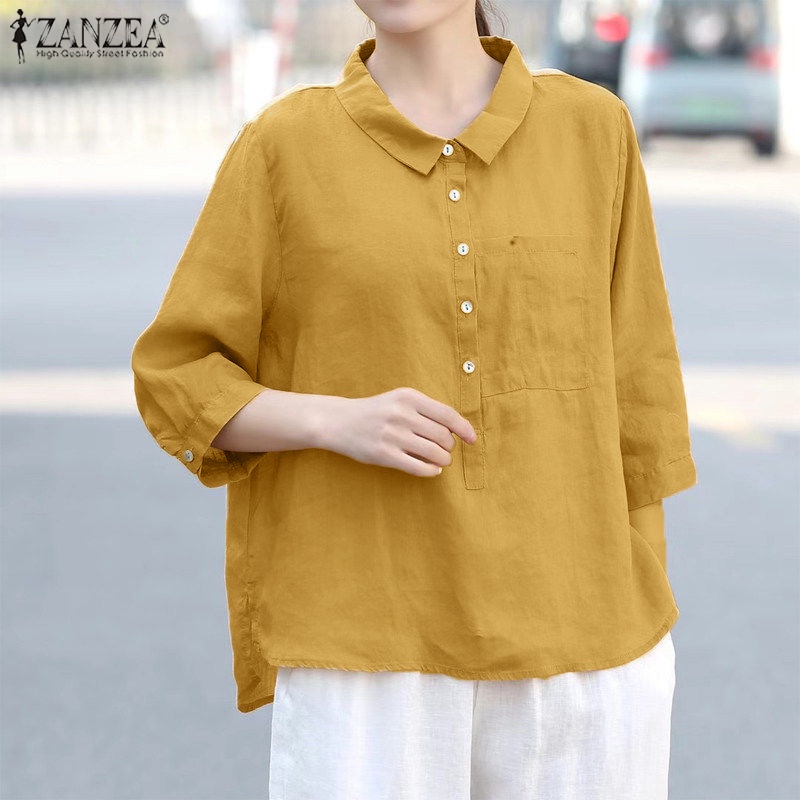 Áo Sơ Mi Tay Lửng Màu Trơn Thời Trang Cho Nữ ZANZEA