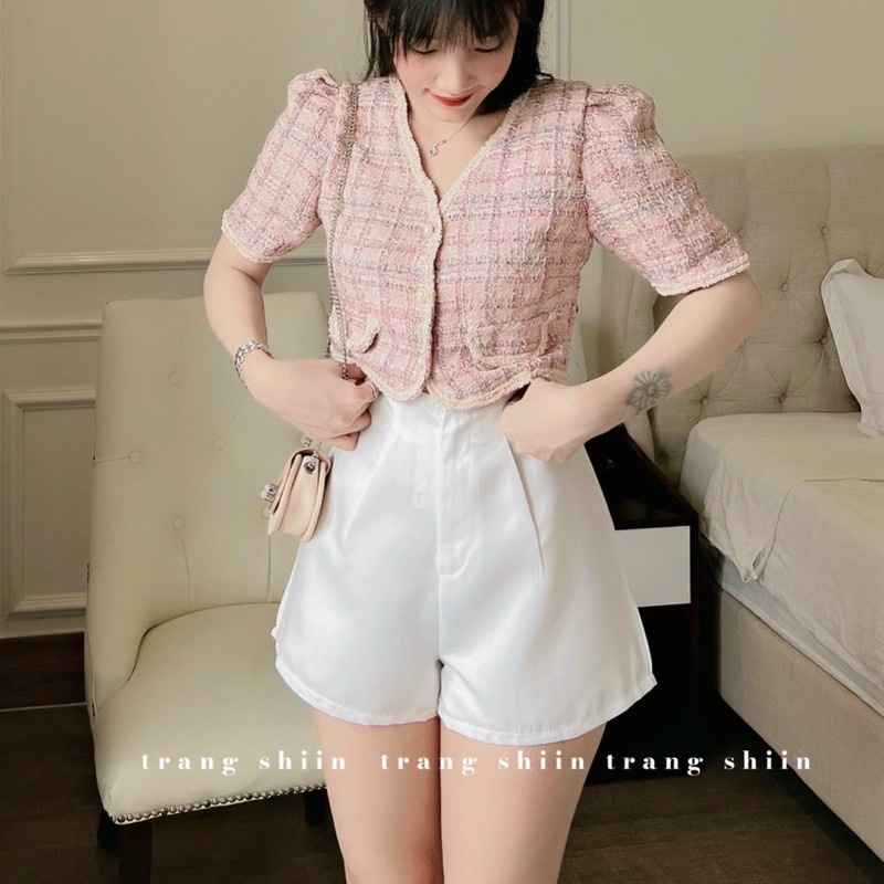 Set 2 món: Áo dạ hồng viền+ short trắng