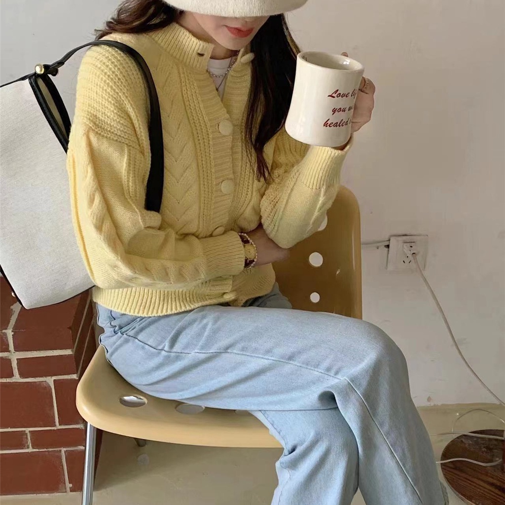 SUXI Áo Cardigan Dệt Kim Tay Dài Dáng Rộng Màu Sắc Thanh Lịch