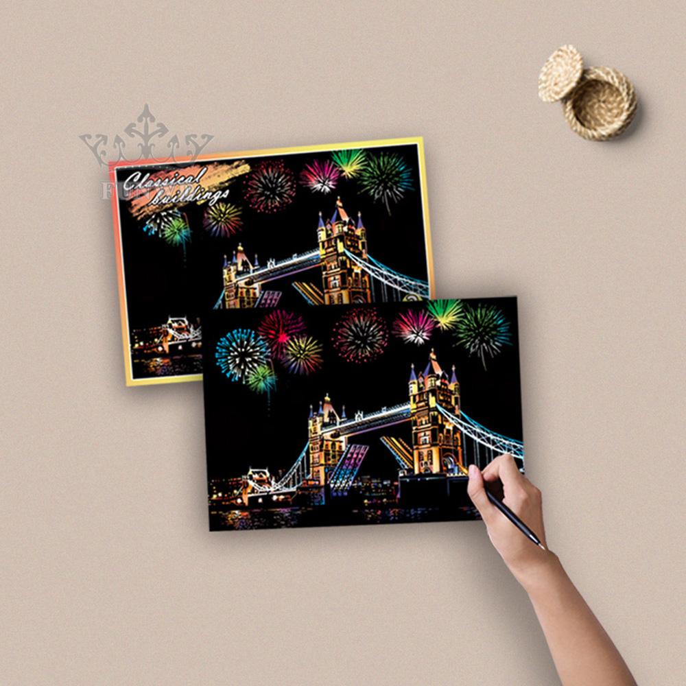 Bộ 4 tranh cạo tự làm hình tòa nhà thành phố ban đêm làm quà tặng cho bé