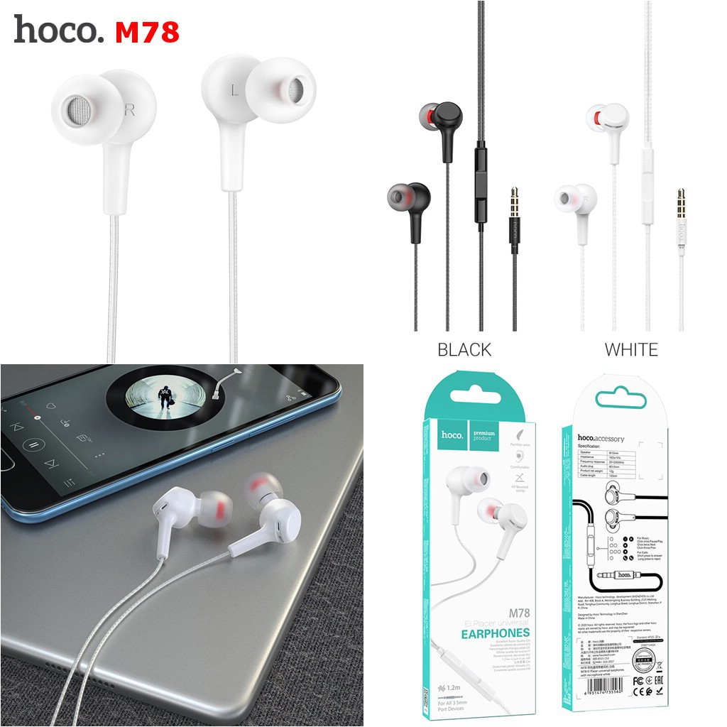 Tai nghe nhét tai In-Ear chính hãng HOCO âm thanh hay - Tai nghe giá rẻ có dây kèm MIC và nút điều khiển, jack 3.5 mm