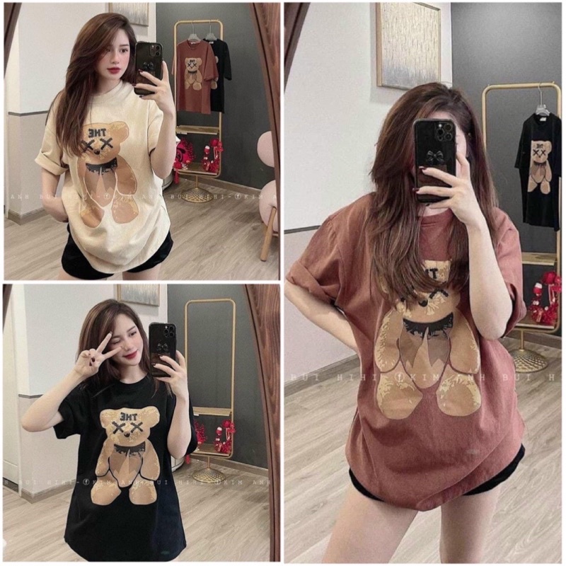 Áo Thun Tay Lỡ Hình Gấu THE. Áo Phông 3158 Cotton Nam Nữ Unisex Form Rộng Phong Cách Ulzzang Vintage