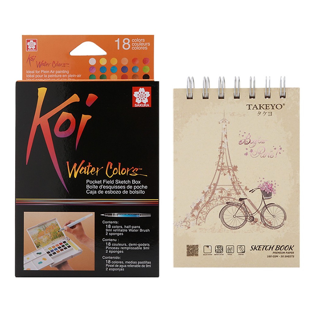 Màu Nước Nén Koi Water Colors Sakura 18 Màu - Tặng Kèm Sổ Vẽ A6