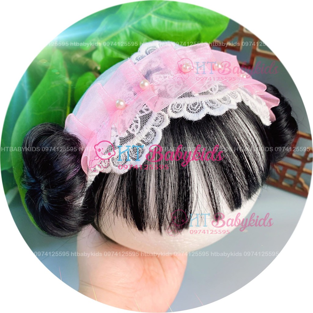 Free Ship - Băng Đô Turban Cho Bé Gái Tóc Giả Hai Bên Ren Nơ Trắng- Đủ Size Cho Bé Sơ Sinh