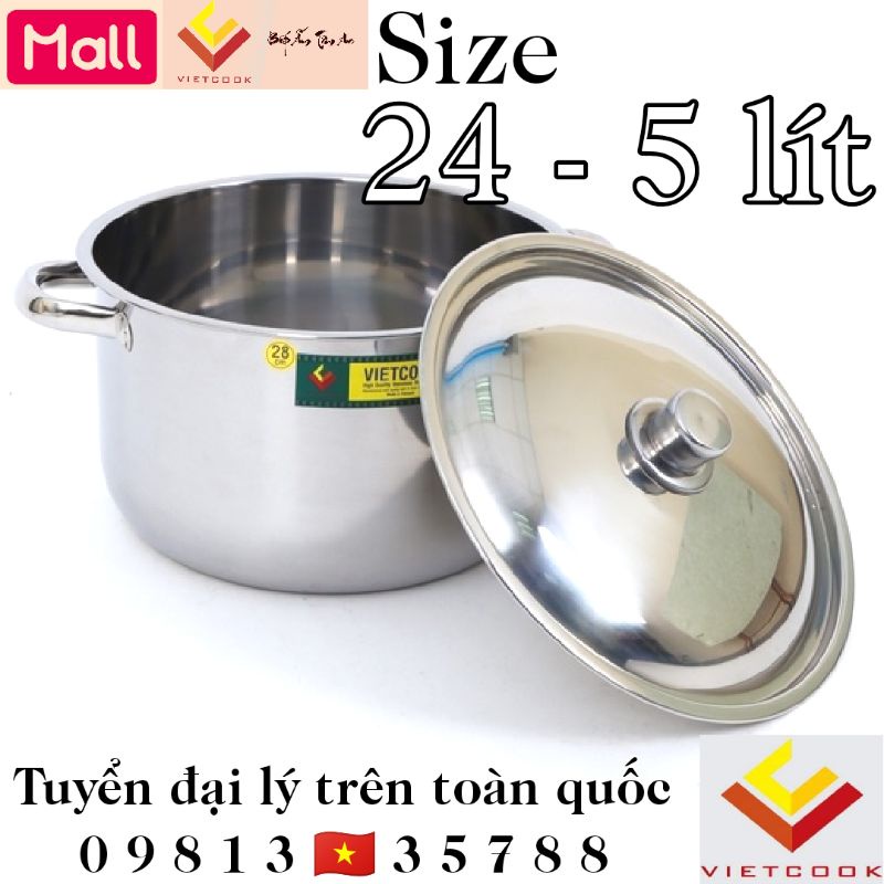 [VIETCOOK OFFICIAL] Nồi inox 5 lít Vietcook size 24 sử dụng trên bếp từ, nồi luộc gà nấu canh inox