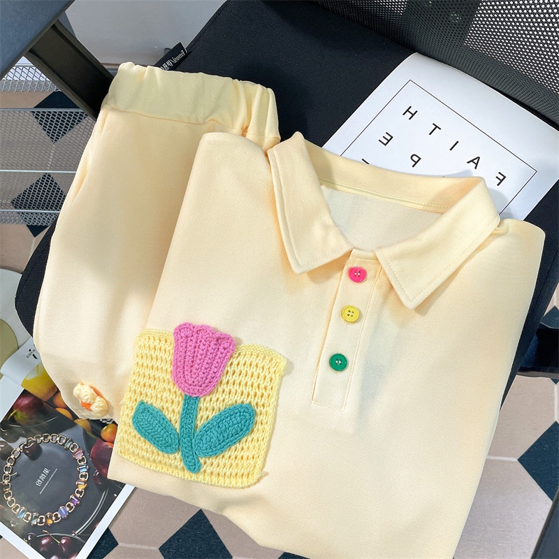 Set Đồ Thể Thao 100% Cotton Gồm Áo Thun POLO Tay Ngắn Cổ Bẻ In Hình Hoa Tulip + Quần Short Cho Nữ