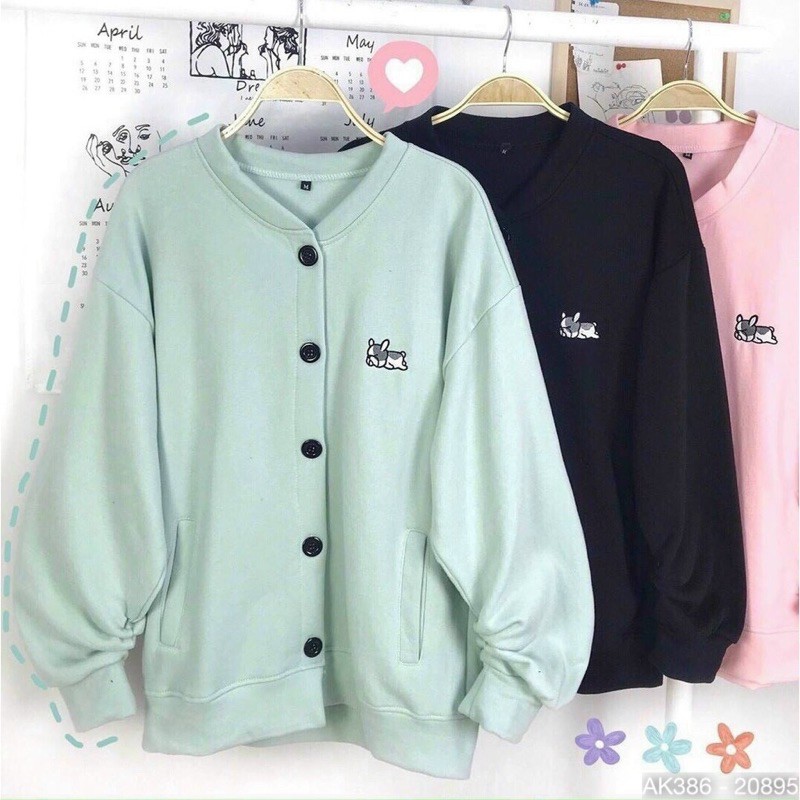 Áo Khoác Cardigan Nỉ Bông Thêu Chó Form Rộng Unisex Áo Khoác Nỉ Nữ Cardigan Nữ Cài Nút THÊU CHÓ - AK3386