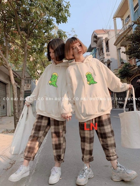 Áo hoodie nỉ mũ thụng rộng khủng Long xanh đội mũ đeo cặp