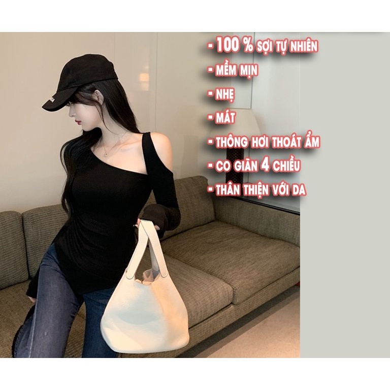 Áo thun nữ vạt nhọn ôm trễ vai tay dài nữ, áo phông body sang chảnh màu đen trắng be