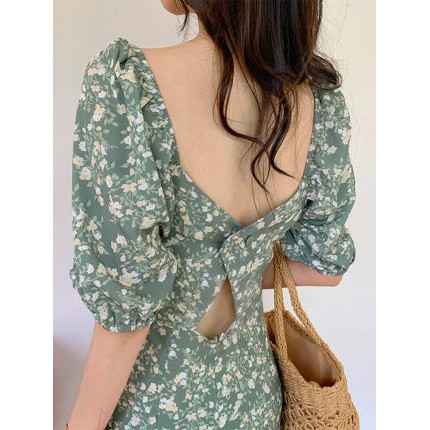 Đầm xanh hoa nhí cổ vuông tay phồng hở lưng sexy tiểu thư nhẹ nhàng Vintage