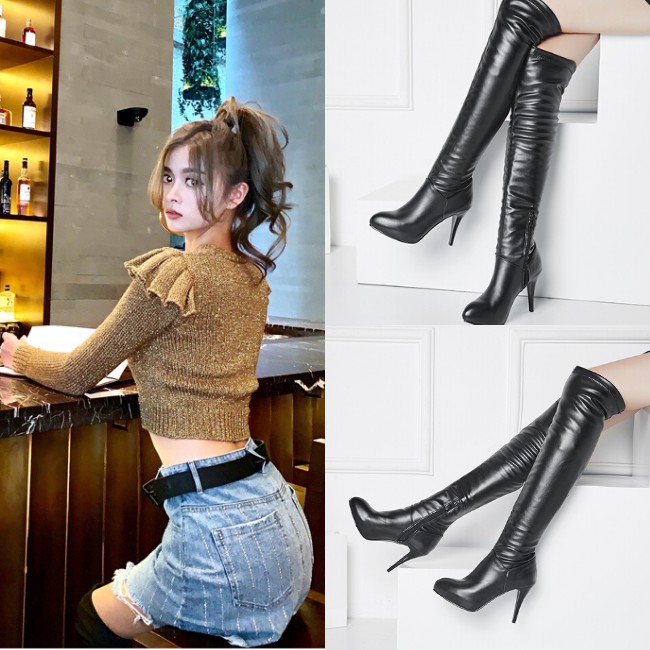 Giày Boot nữ da màu đen cổ cao sành điệu GBMN-01BCC